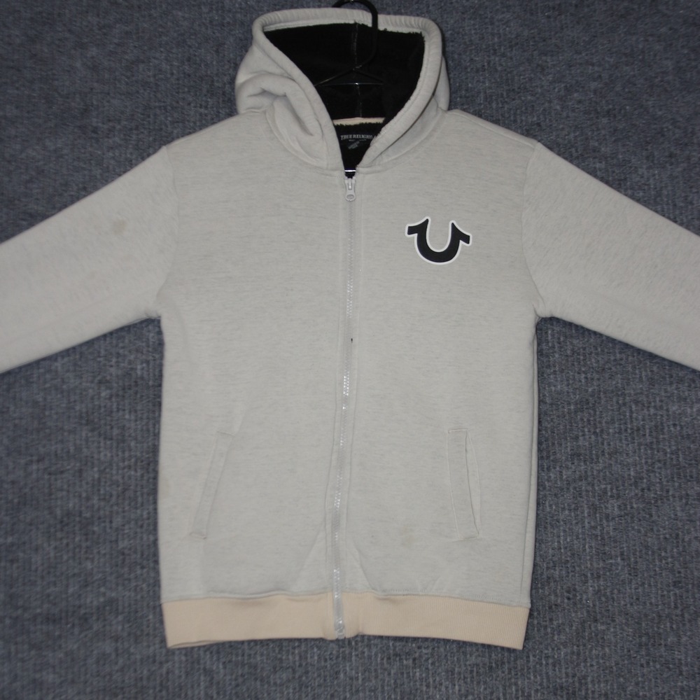 True Religion Hoodie Kids M Light Gray Zip Up Logo Size 10 12 Comfortable Casual